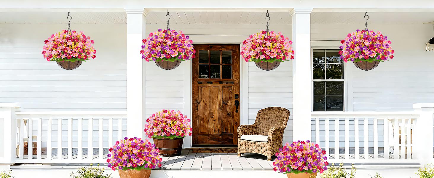 1/2pcs Artificial Hanging Flowers Basket for Outdoor Spring Summer Decor, Faux Silk Pink Purple Daisy Flowers in Hanging Planter,UV Resistant Fake Flower Look Real for Home Patio Balcony Yard Decor