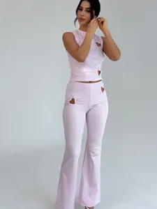 Heart-shaped Hollow-out Solid Color Vest Top and Pants Set SLIGHTLY SEE THROUGH Casual Clothes