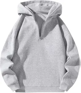 Men's Quarter Zip Long Sleeve Hoodie - Casual Pullover with Drop Shoulder Design in Light Grey Fashion Fall Medium Size - Plain