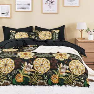 - Boho Comforter Set, Floral Farmhouse Botanical Western Style with Colorful  and Tropical Leaves, Soft Lightweight Beddg, 3 count,  Black, Full Size