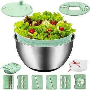 （New model for 2026）Salad Spinner Large, 3 IN 1 Vegetable and Fruit Washing Bowl with Strainer, Lettuce Spinner with 5 Blades Slicer, Egg Yolk Strainer, Salad Bowl for Efficient Salad Preparation, 5.3 Qt Kitchen Gadgets Set