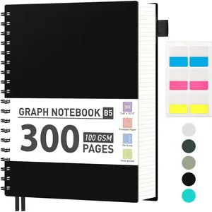 Graph Paper Notebook, 300 Pages Spiral Notebook Journal 7.6" x 10", B5 Large Grid Paper Notebook, 100gsm Thick Paper, Plastic Hardcover Journals for School Engineering Math, Black