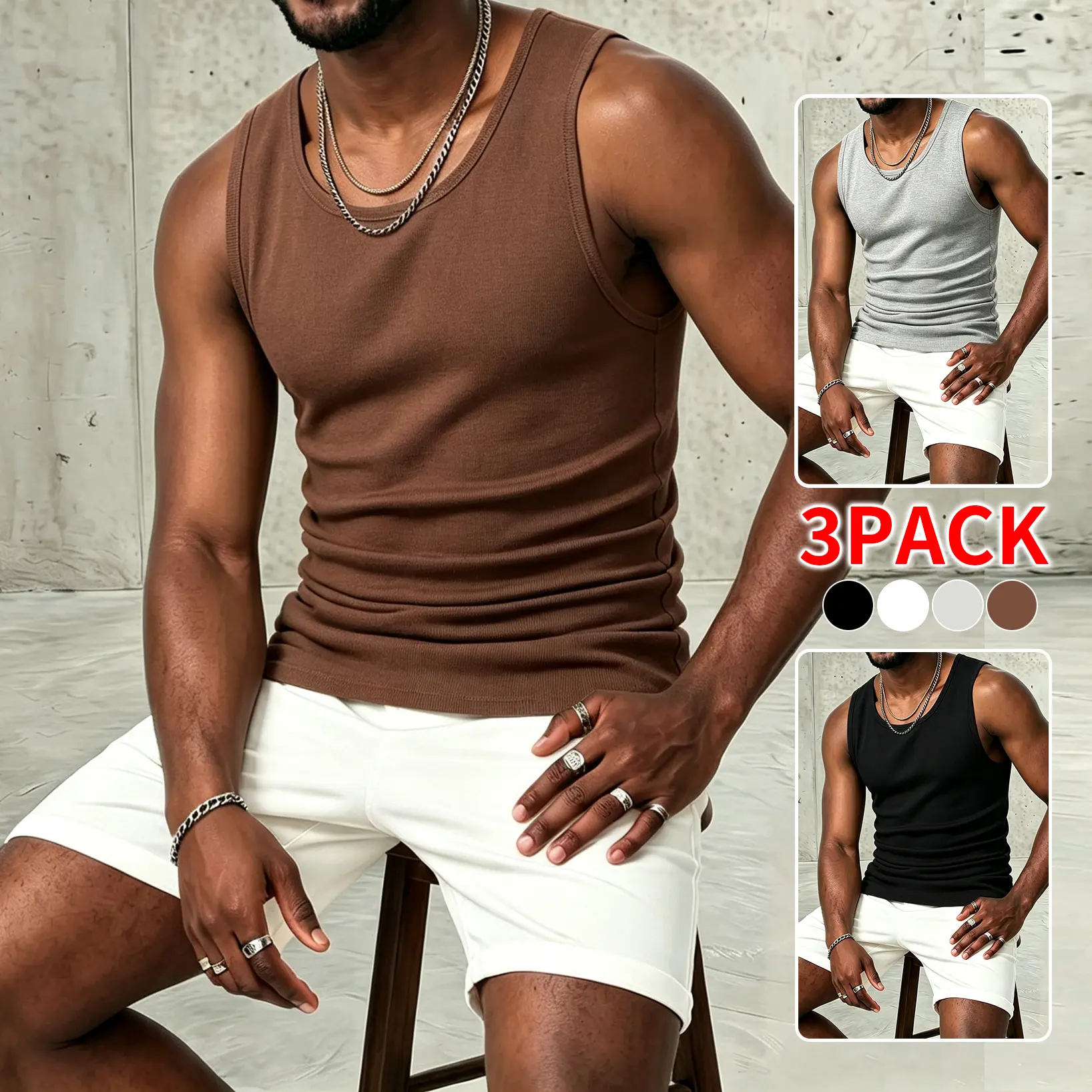 3-Pack / 1-Pack Men’s slim ribbed stretch crew neck tank tops; solid color tight muscle-fit undershirts for workouts; high-elasticity, breathable, quick-dry sleeveless vests for layered sports outfits; minimalist American street style, ideal for daily cas