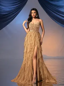 Women's Soft Fabric Apricot Spaghetti Strap Sweetheart Neck Evening Gown - Fairy-Style Backless Sequined Ruffled Tulle A-Line Long Dress with High Slit for Wedding, Formal Party