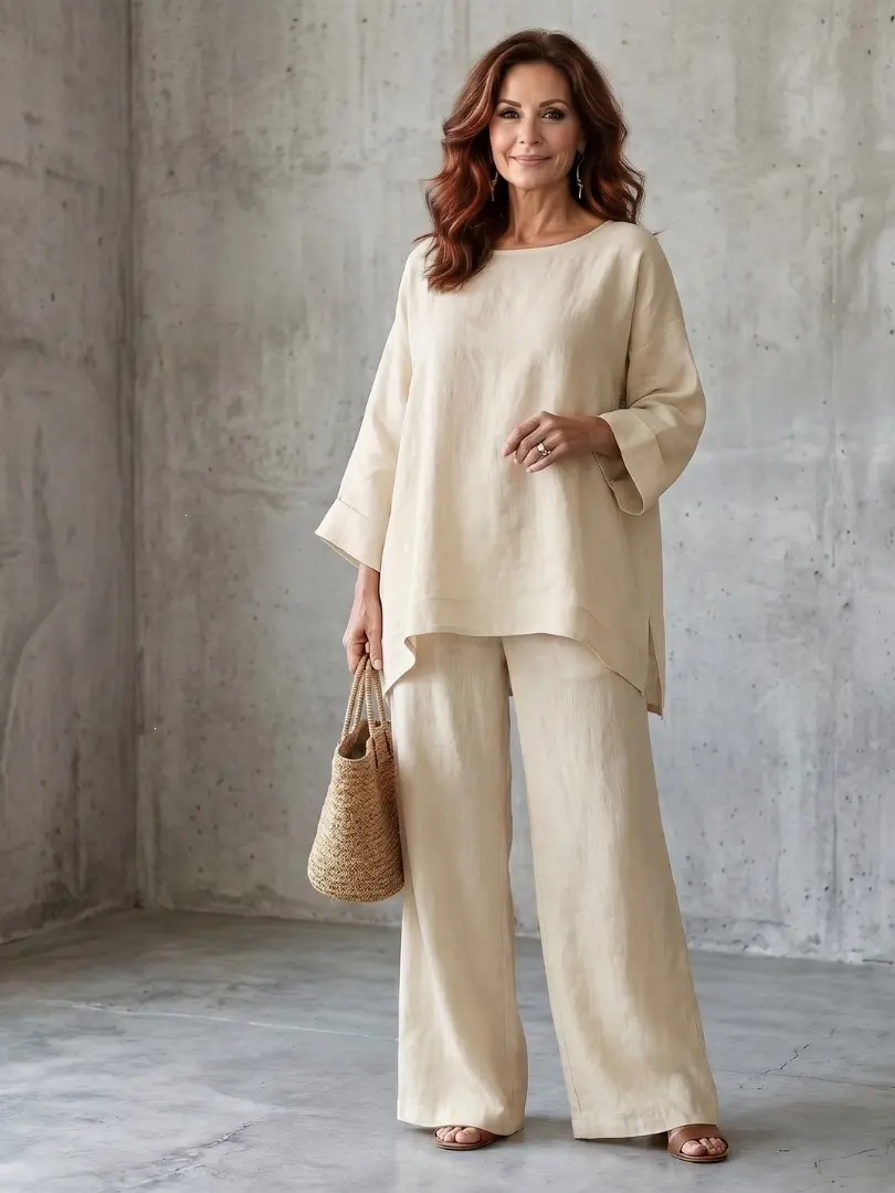 Women's Casual 2-Piece Set - Solid Loose Fit Summer Vacation Outfit with 3/4 Sleeve Crewneck Top & Straight Leg Pants, Women's Casual 2 Piece Sets, Chic, Lady