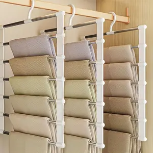 3 Pieces Set of Seven-Tier Space-Saving Foldable Stainless Steel Pants Rack, Rustproof Closet Organizer for Jeans and Trousers, Durable Multi-Layer Hooks with Smooth Surface Pants Hanger