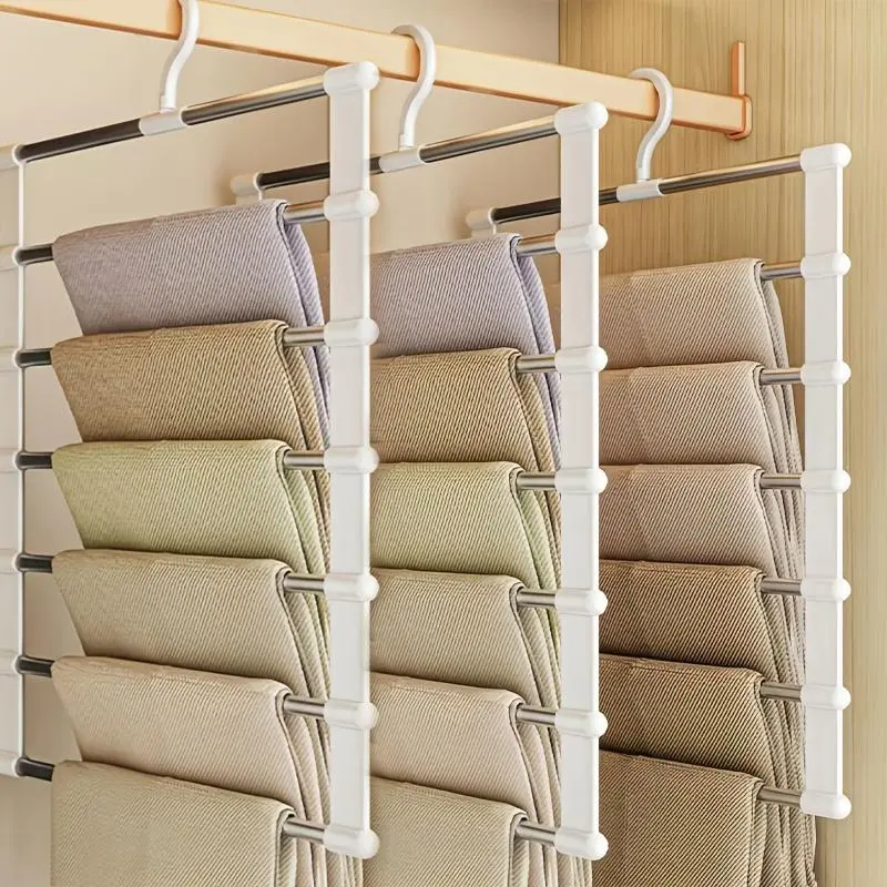 3 Pieces Set of Seven-Tier Space-Saving Foldable Stainless Steel Pants Organizing Rack, Rustproof Closet Organizer for Jeans and Trousers, Durable Multi-Layer Hooks with Smooth Surface Pants Hanger
