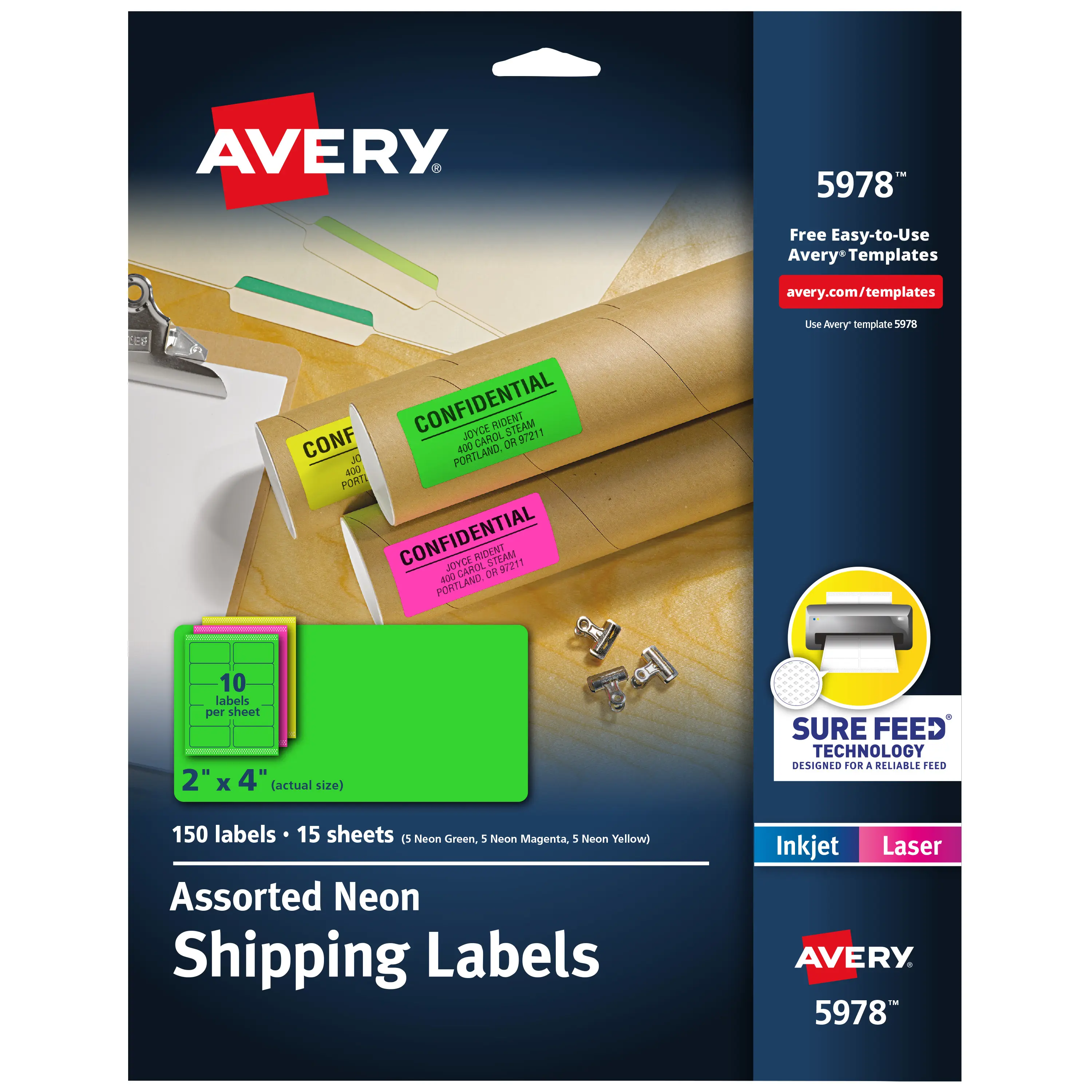 Avery Self-Adhesive Customizable Shipping Labels with Sure Feed, 2"x4" Assorted Neon Colors (Magenta, Green, Yellow), Laser & Inkjet Compatible, 150 Blank Adhesive Labels for Packaging (5978, 1 Sheet per Pack), Customizable Labels