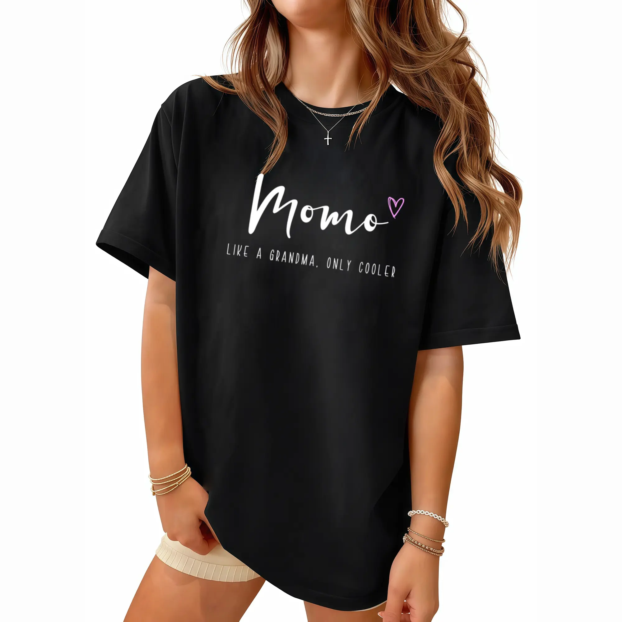 Women's Cotton Smooth "Like A Grandma Only Cooler" Short Sleeve Round Neck T-Shirt - Momo & Lettering Print Tops, Machine Washable Grandma-Themed Apparel for Parties, Gifts, Check