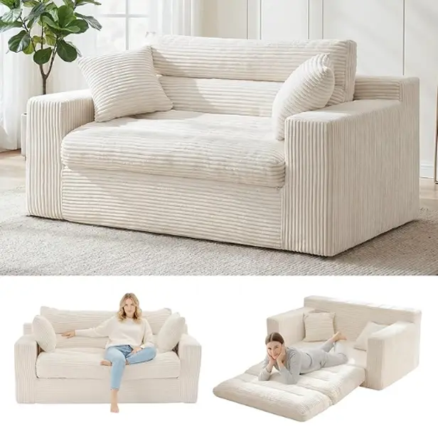 Winzoo Convertible Sofa Bed, Pull Out Boneless Couch Loveseat Floor Sofa Bed with Pillows, 2-Seater Folding Sofa Loveseat Boneless Couch for Living Room, Bedroom, Apartment, Office (Beige) Fluffy Sofa Set Daybed