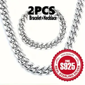 925 Sterling Silver Men's Cuban Link Chain Bracelet Necklace, Fashionable and Elegant Punk Style Men's Ornament Accessories
