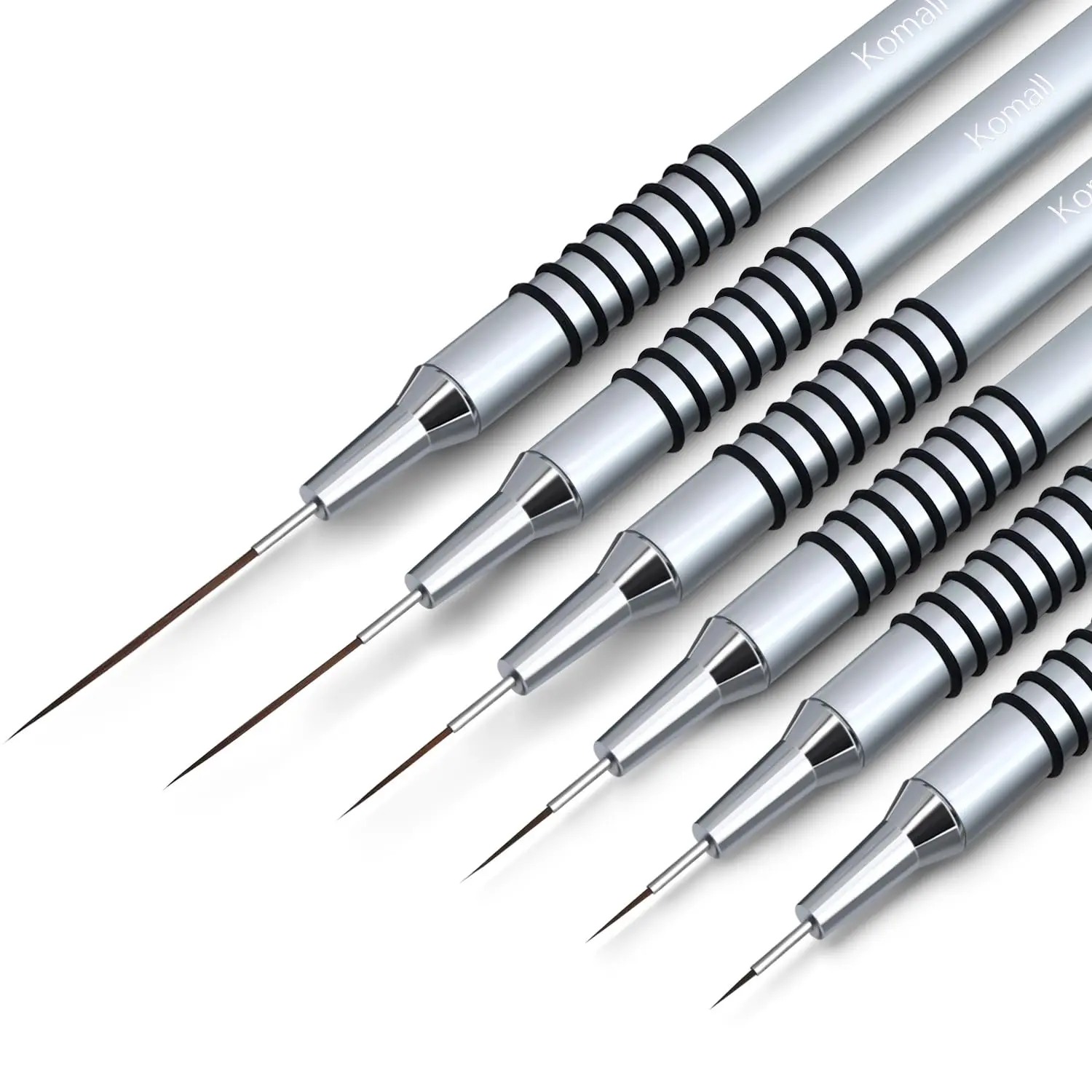 Metallic Nail Art Brushes, 6Pcs Non-slip Liner Brushes Set, Silver | For Long Lines, Thin Details, Fine Drawing, Liner Brush UV Gel Polish Painting Nail Design Pen Sizes 5/7/9/11/20/25mm