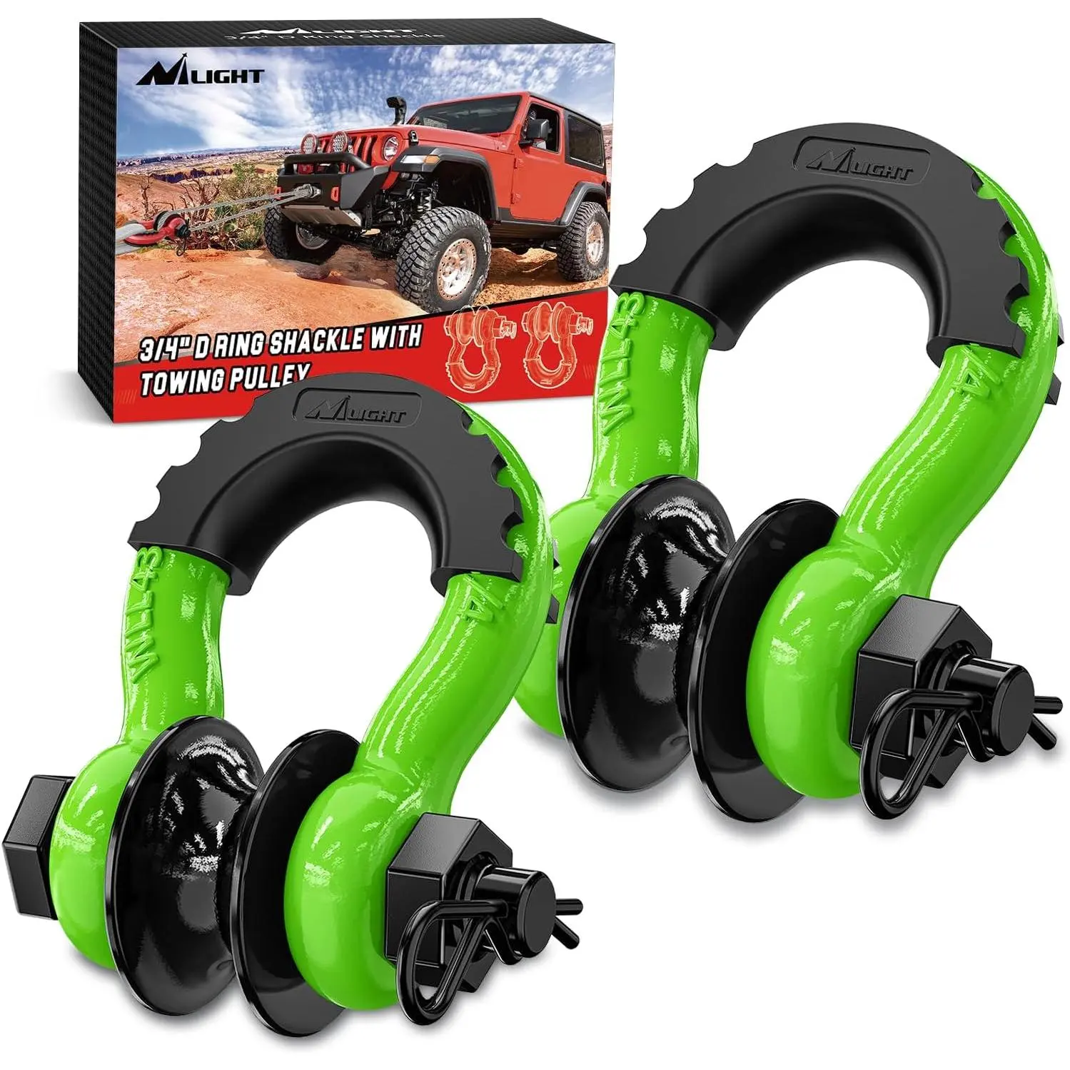 Nilight 2-Pack 3/4 D-Ring Shackle & Pulley Combo - 4.75T Universal Off-Road Recovery Hardware Kit for Jeeps, Towing/Hauling Vehicles, with Steel Wire Braided Quick Connect Couplers, Double Winch Pull, Force Distribution, Winch Overheat Prevention, D-Ring