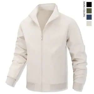 Men's Solid Color Flight Jacket Casual Coat, Versatile Casual Stand Collar Zipper Long Sleeve Coat, Zipper Jacket, Polyester Fiber Jacket, Suitable for Spring and Autumn Outdoor Use. Menswear Beige