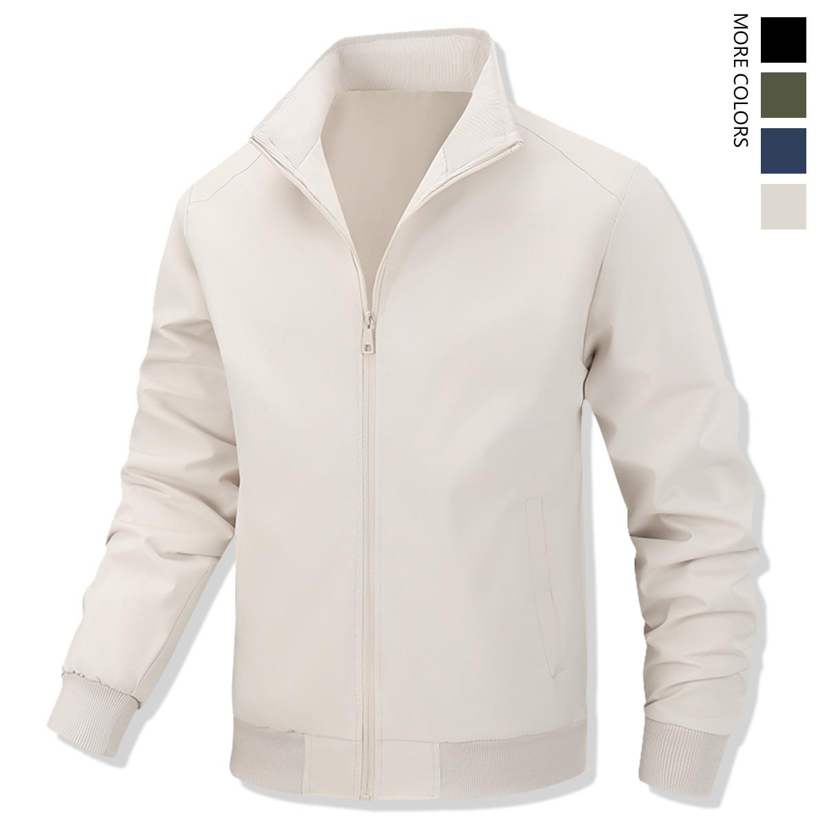 Men's Solid Color Flight Jacket Casual Coat, Versatile Casual Stand Collar Zipper Long Sleeve Coat, Zipper Jacket, Polyester Fiber Jacket, Suitable for Spring and Autumn Outdoor Use. Menswear Beige