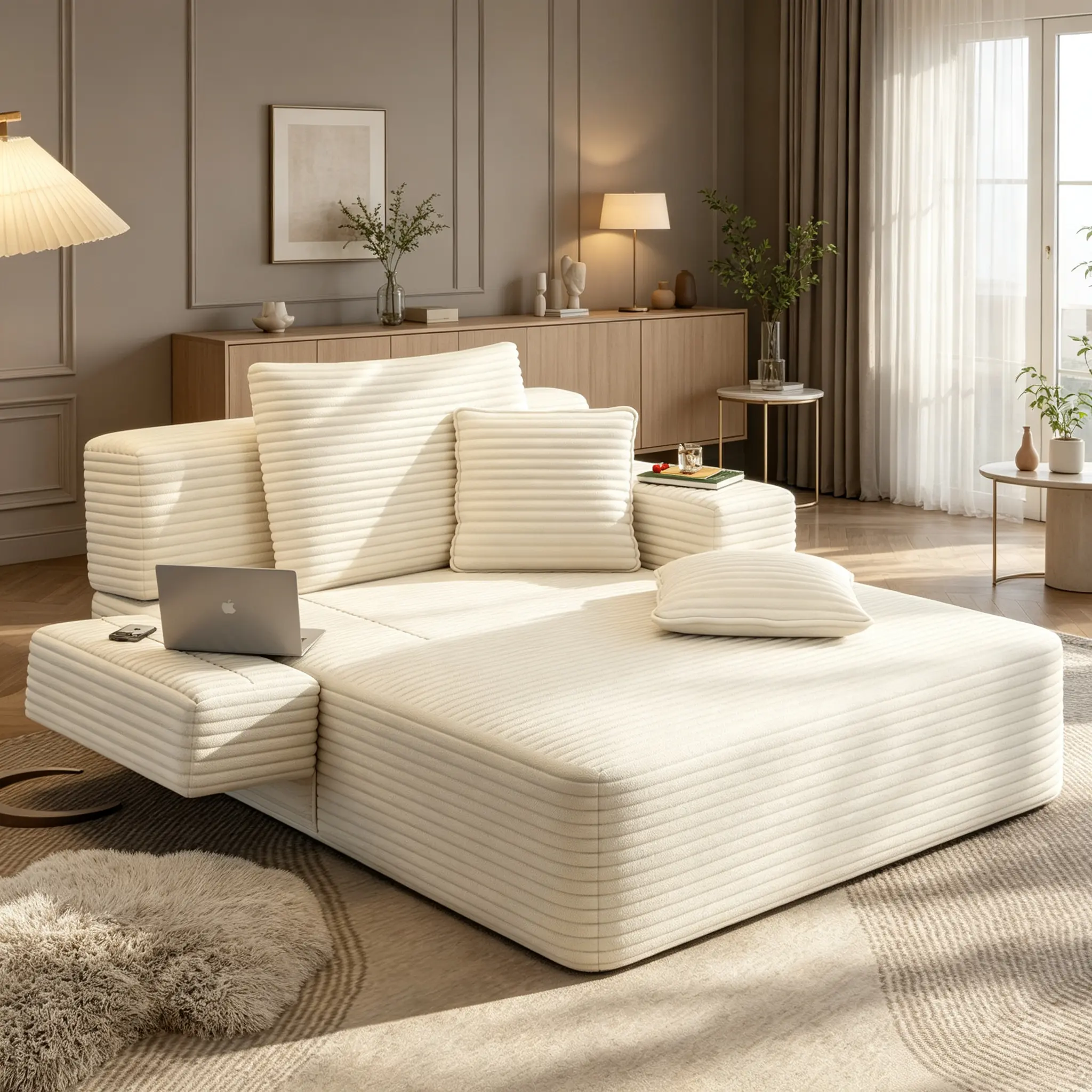 Modern Oversized Plush Corduroy Convertible Chaise Lounge Sofa Bed - Pre-Built Frameless Futon Sleeper Couch with Storage Organizer Pockets, 3 Pillows, Deep Seat, Compressed Packaging for Apartment, Home Theater