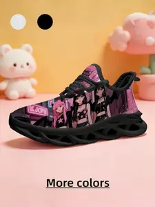 Children's Day Gift - Kids Breathable Mesh & Non-slip Thick Sole - Casual Trendy Trainers - Shock Absorption, No Fatigue & Ultra Lightweight - Iridescent Purple Cyber Girl Cartoon - Campus & Daily - Sneakers