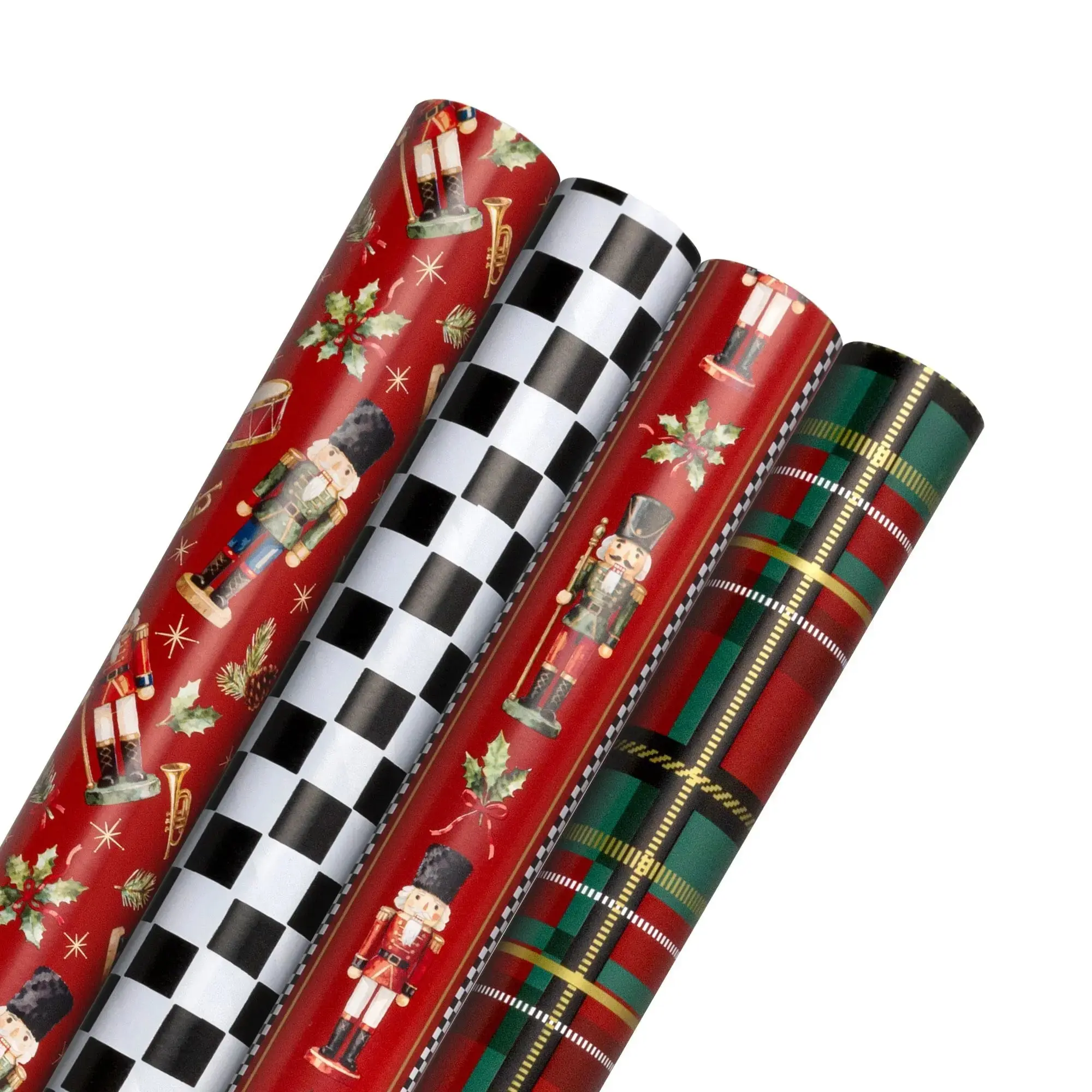 Double Sided Gift Wrapping Paper Bundle (4-Pack), 30"x10' Metallic Holiday Wrappingpaper, Holly, Nutcracker, Plaid & Check Designs for Gifts & Wrapping, Double Sided Gifts & Wrapping