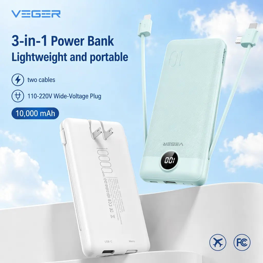 VEGER Portable Charger, with Built-in AC Plug and Data Cable, 10,000mAh Ultra-Slim Multifunctional Power Bank, LED Battery Level Indicator, a Travel Essential, USB C External Battery Pack Compatible with iPhone, Samsung, Android, Portable Chargers, Batter