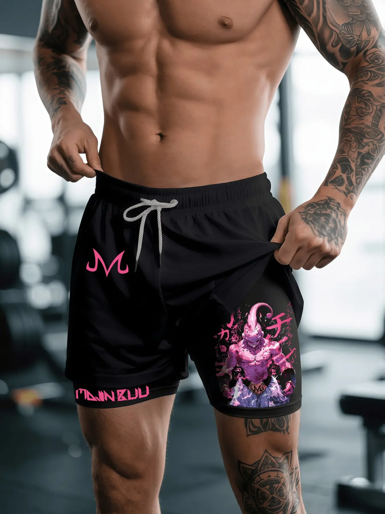 Dragon Ball Majin Buu Print 2-In-1 Drawstring Waist Shorts, Quick-Dry Swim Trunks, Loose Fit with Pockets, Ideal for Summer & Workout, Swimwear Shorts
