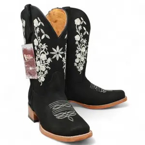 Botas de Piel Original Punta Amplia Cuadrada Para Dama Color Negro - La Sierra Boots