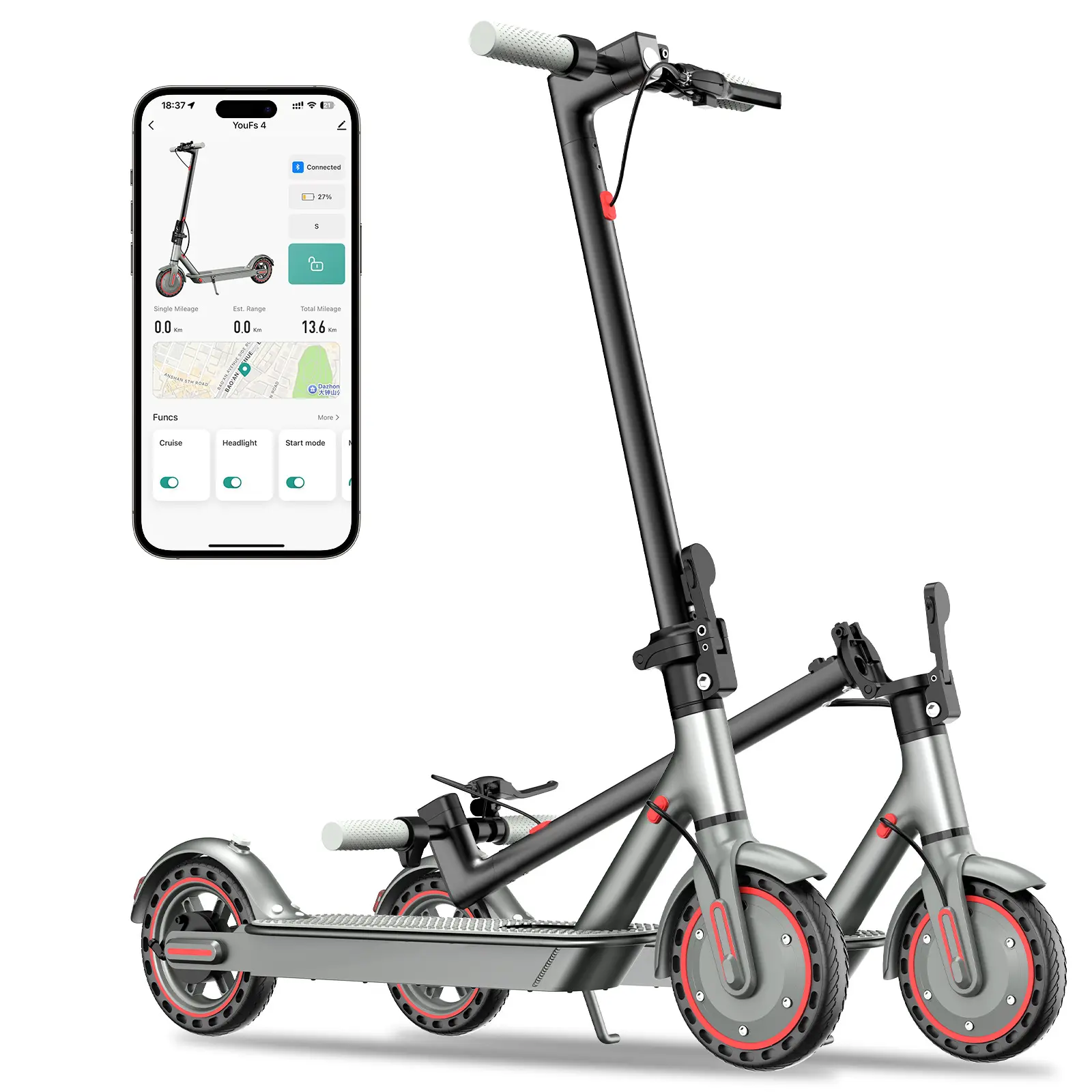 E-Brake App Controlled Commuting Scooter - 350W Motor, 36V Battery, 19 MPH High Speed, 8.5" Solid Tires, Dual Brakes, Foldable E-Scooter for Adults & Teens, App Controlled Scooter