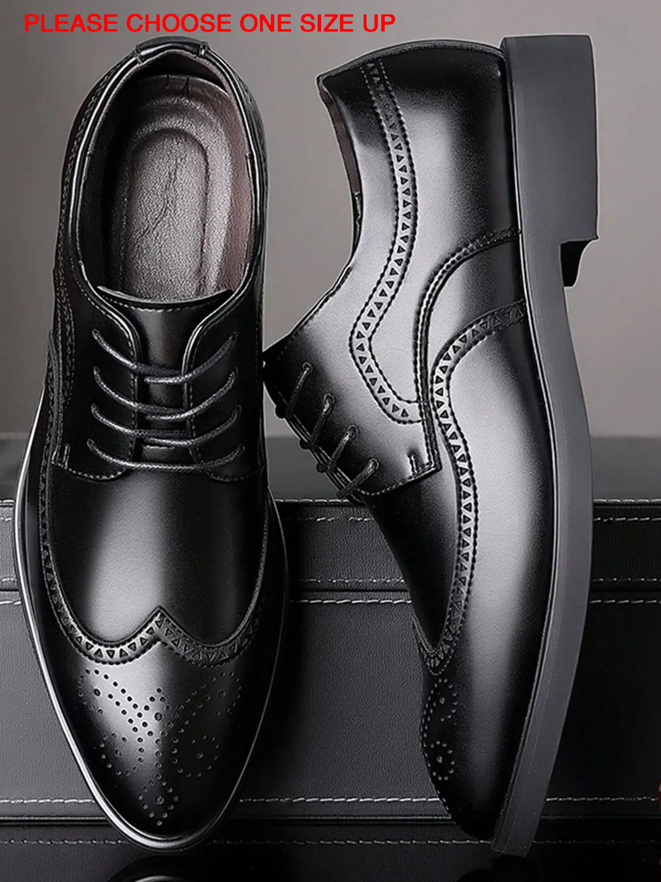 Men's Fashionable Brogue Decor Lace Up Dress Shoes, PU Leather Footwear, Formal Business Style Pointed Toe Shoes for Work Office, Male All-match Commuter Shoes for Daily Wear, Boy, Rubber