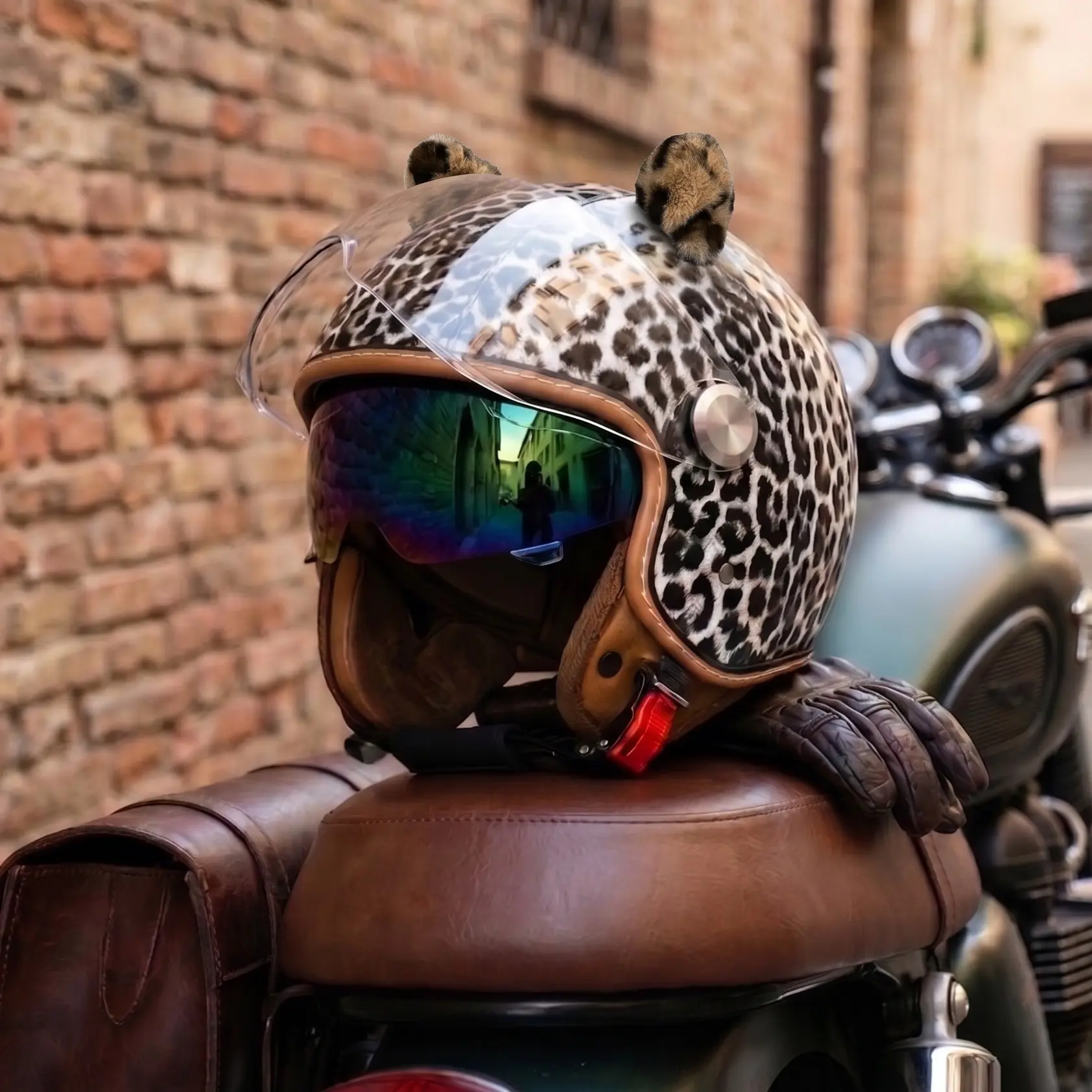 QUICKOOL Women's DOT Approved Leopard Print 3/4 Open Face Motorcycle Helmet,  Retro Scooter Protective Gear with Cat Ears, Dual Visor, Quick Release  Buckle, Hard-Shelled Cruiser Half Helmet - TikTok Shop