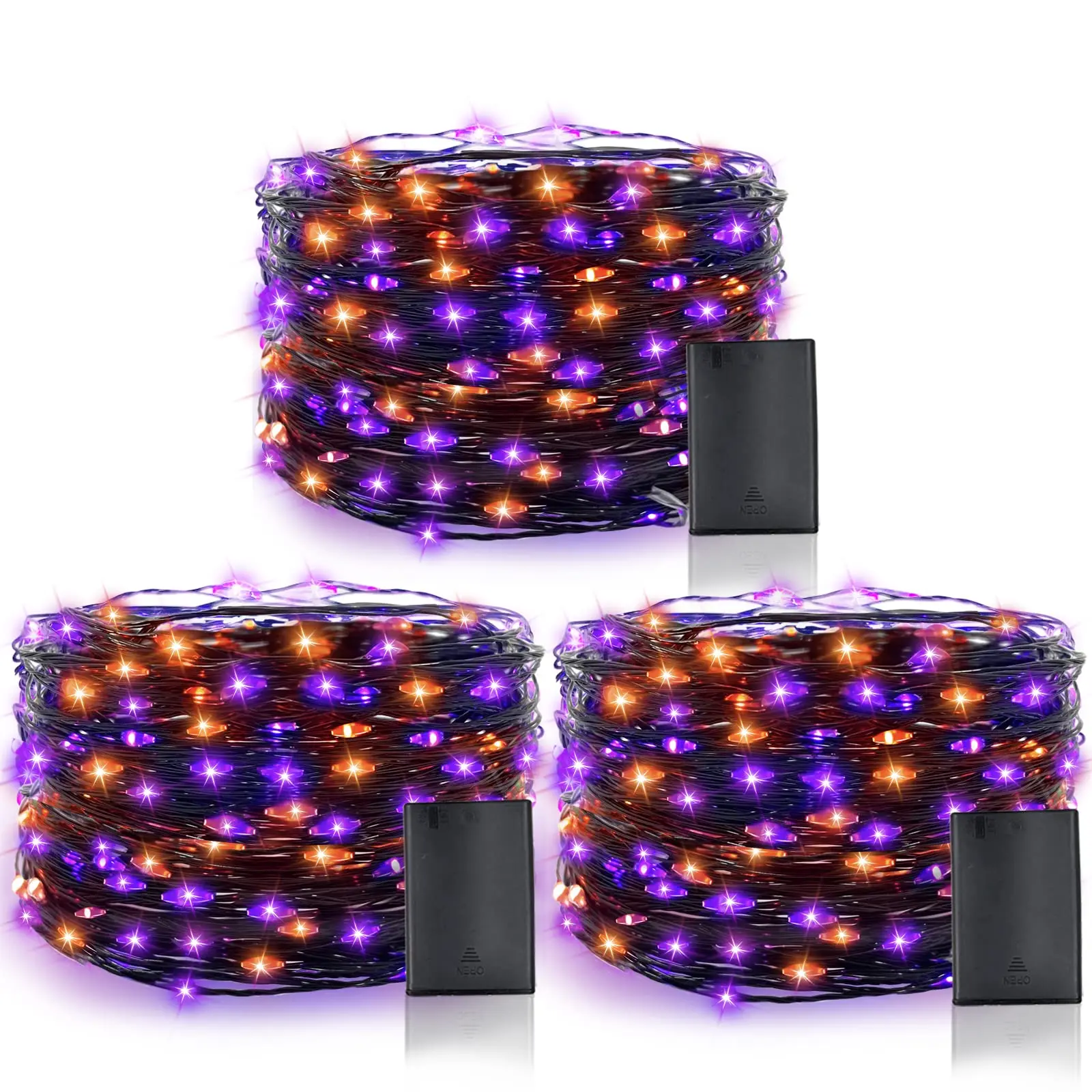 TURNMEON 3-Pack Halloween String Lights - 30ft Length, 90 LED Total, Battery Operated, Waterproof Timer, Orange & Purple, for Halloween Aesthetic, Spooky Season Home Yard Decorations