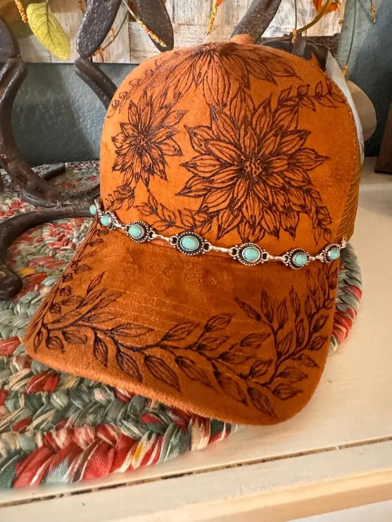 Hand-Burned Sunflower & Daisy Suede Ball Cap - Adjustable Fit, Unique Floral Design, Nature Lover Gift, Rustic Western Style