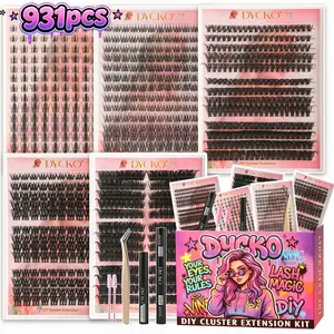 DYCKO 931Pcs All-in-One DIY Eyelash Extension Kit - 10-Piece Complete Starter Set with 5 Mixed Styles (Fishtail, Foxy, Manga, Volume), Professional Bond & Seal, Remover & Tweezer, 72H Waterproof Vegan Lash Kit, DIY Eyelash Cluster