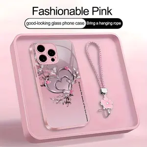 Suitable for [iPhone 16 Pro Max] high-end phone case，a beautiful four-leaf clover lanyard is included,Premium heart pattern,a variety of colors are available for you to choose from YM99
