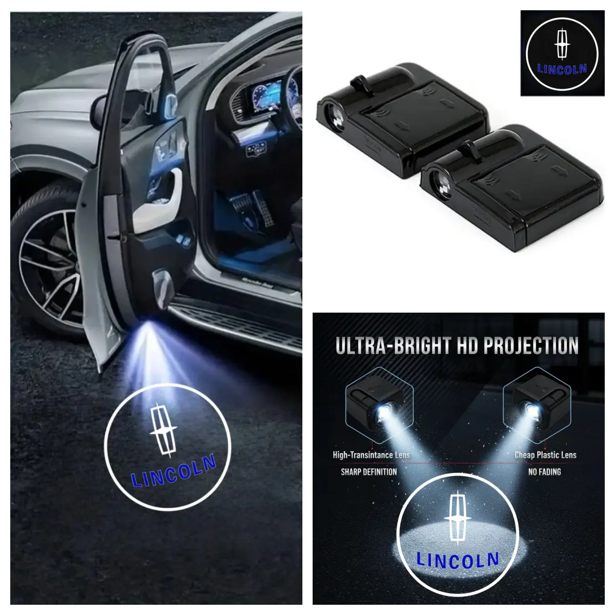 4PCS Lincoln Logo Car Door Welcome Light, Projection & Atmosphere Lamp, No-Drill Stick-On Easy Installation, Fit for Navigator/Continental/MKZ/Nautilus/Aviator, Car Accessories Lamp, Car Door Lights, Vehicle Welcome Light
