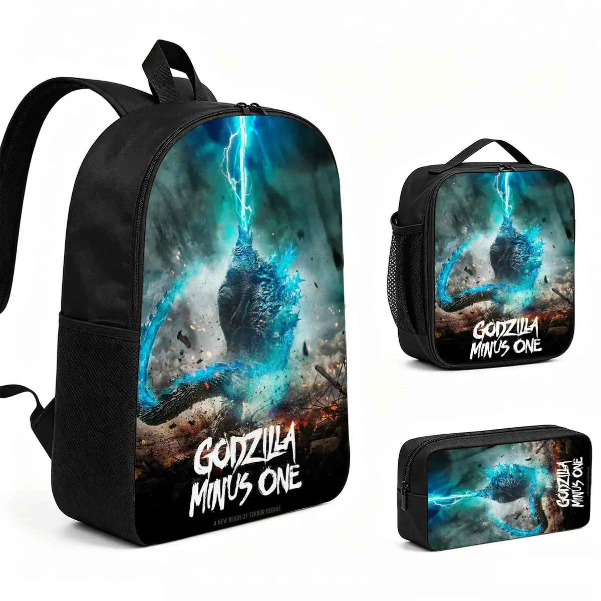 Godzilla 3-Piece Backpack Set with All Over Print, Cool Graphic Print, Durable & Light Build, Adjustable Shoulder Strap, Comfy & Organized Design, Insulated Lunch Tote, Pencil Bag for Teens, Multi-Functional Laptop Travel Daypack Gift L-54