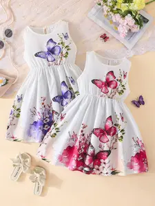 Girls Summer Sleeveless Floral Butterfly Print Dress Set, Sweet Two-Piece, Casual Fashion for Kids, Perfect for Daily Wear