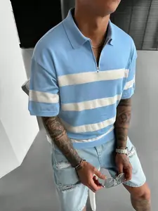 Men's Stylish Casual Knitted Striped Quarter-Zip Polo - Stripe Short Sleeve for Trendy Summer Outfits