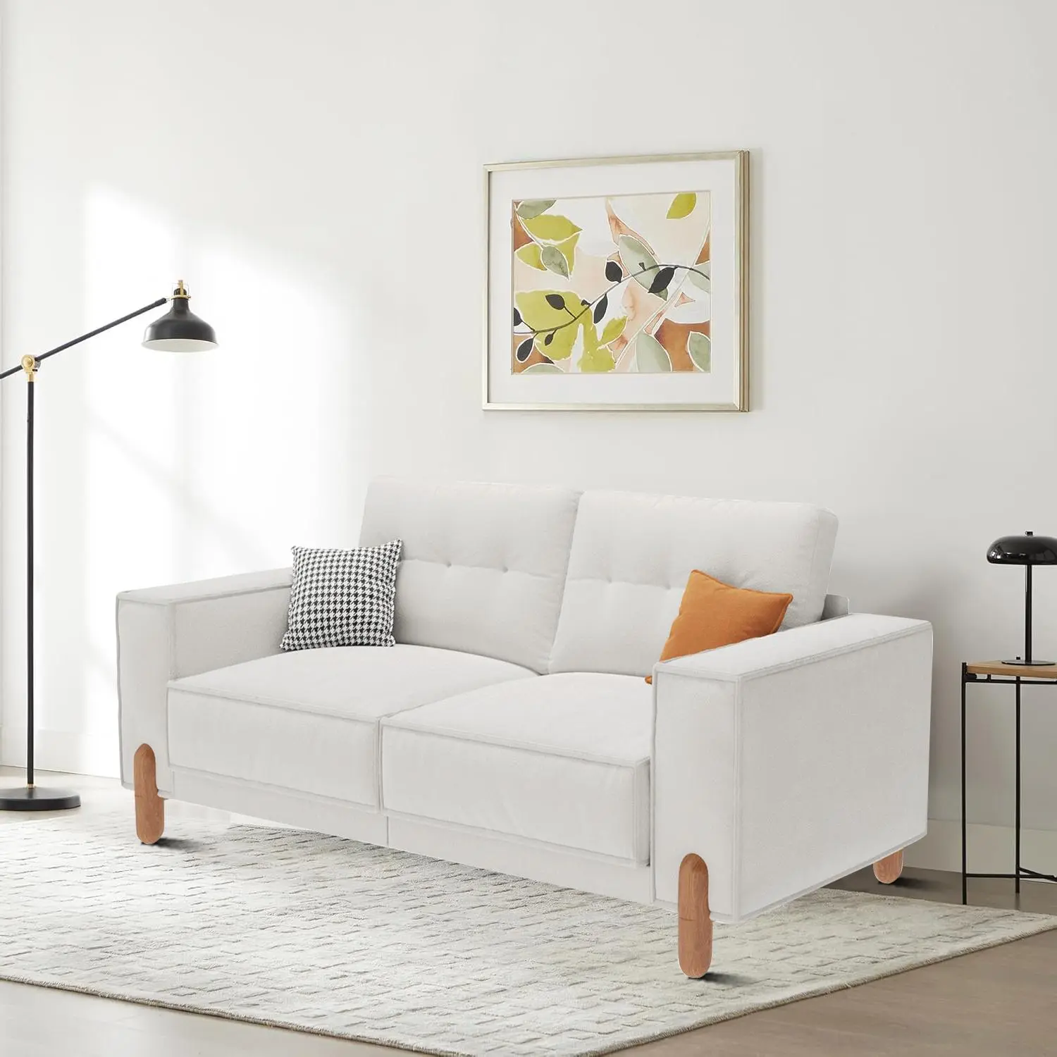 Modern Minimalist Chenille Fabric Upholstered Two Seater Loveseat with Two Pillows