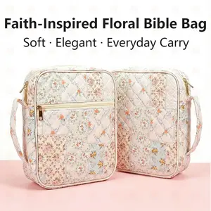 Quilted Floral Bible Bag Aesthetic Scripture Carrying Case with Handle & Front Pocket