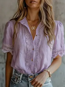 Boho Lace Trim Blouse | Casual Puff Sleeve Button Down Shirt for Women | Summer Cottagecore Top\ Casual Boho Summer Top for Women