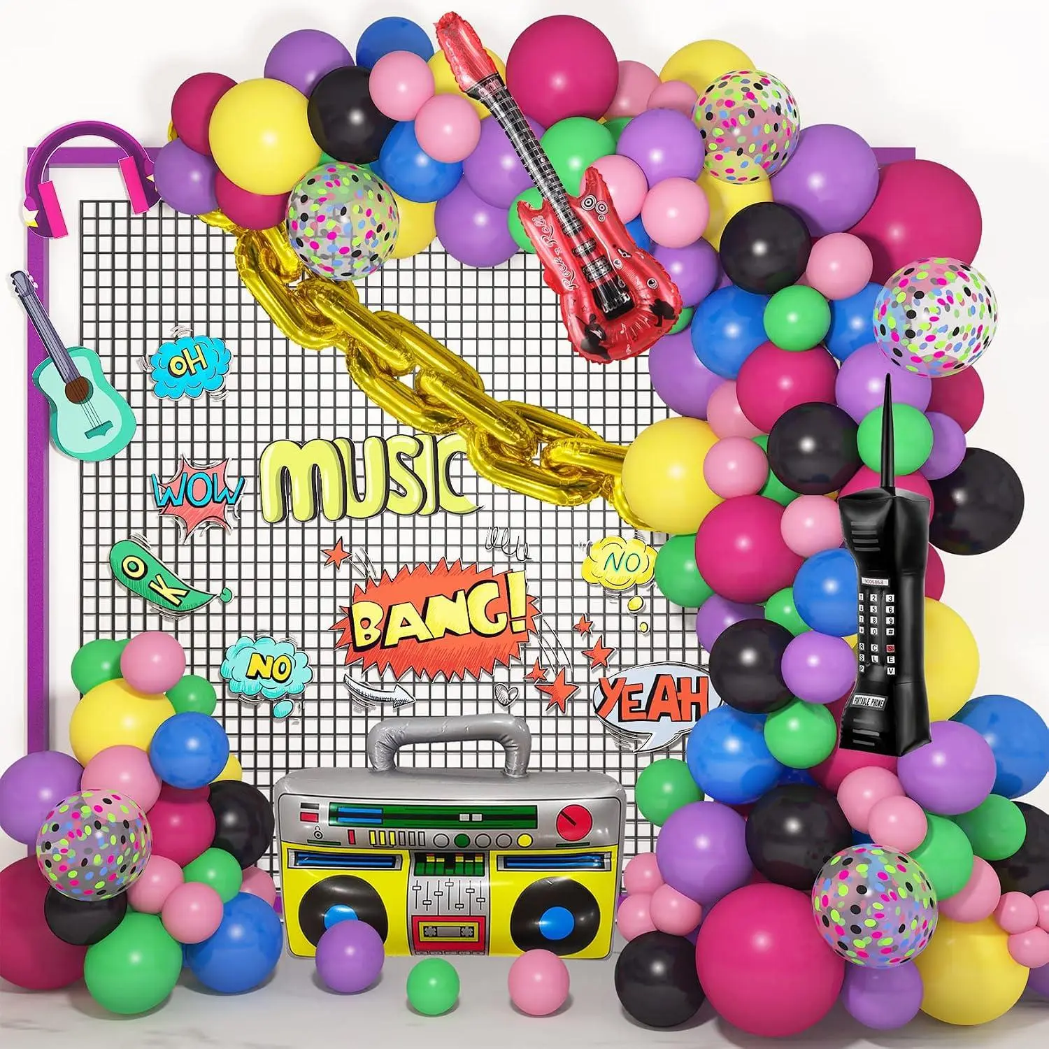 80S 90S Theme Party Decorations, 100Pcs Disco Balloon Arch Garland Kit With 12Pcs Inflatable Radio Retro Mobile Phone Guitar Gold Foil Chains Balloons Decor For Back To 80S 90S Hip Hop Birthday Party