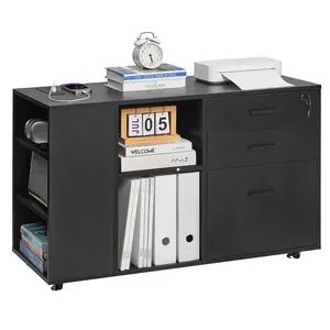 VEVOR 3 Drawer Wooden File Cabinet, Mobile Filing Cabinet with Power Strip, Lockable Rolling File Storage with Adjustable Shelves 5 Wheels, Floor Standing Printer Stand for Home Office School, Black