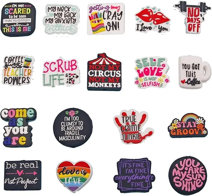 18PCS Silicone Focal Beads for Pens Bulk, Funny Words Silicone Beads for Keychain Making, Loose Assorted Characters Focal Beads for Beadable Pens Bracelets Lanyard DIY