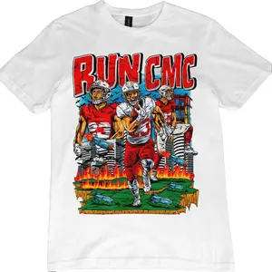 Christian McCaffrey Graphic Tee 'Run CMC', Menswear Crew Neck Football Streetwear T-Shirt, Unisex Casual Regular Fit Cotton Tops, Good Vintage Hip-Hop Bold Retro Apparel, Men Round Neck Y2K Sports Tees