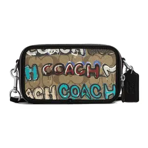 Coach x Mint x Serf Collaborative Graffiti Print Shoulder Bag for Men, Classic Monogram Hardware, Coated Canvas with Leather, Khaki and Black