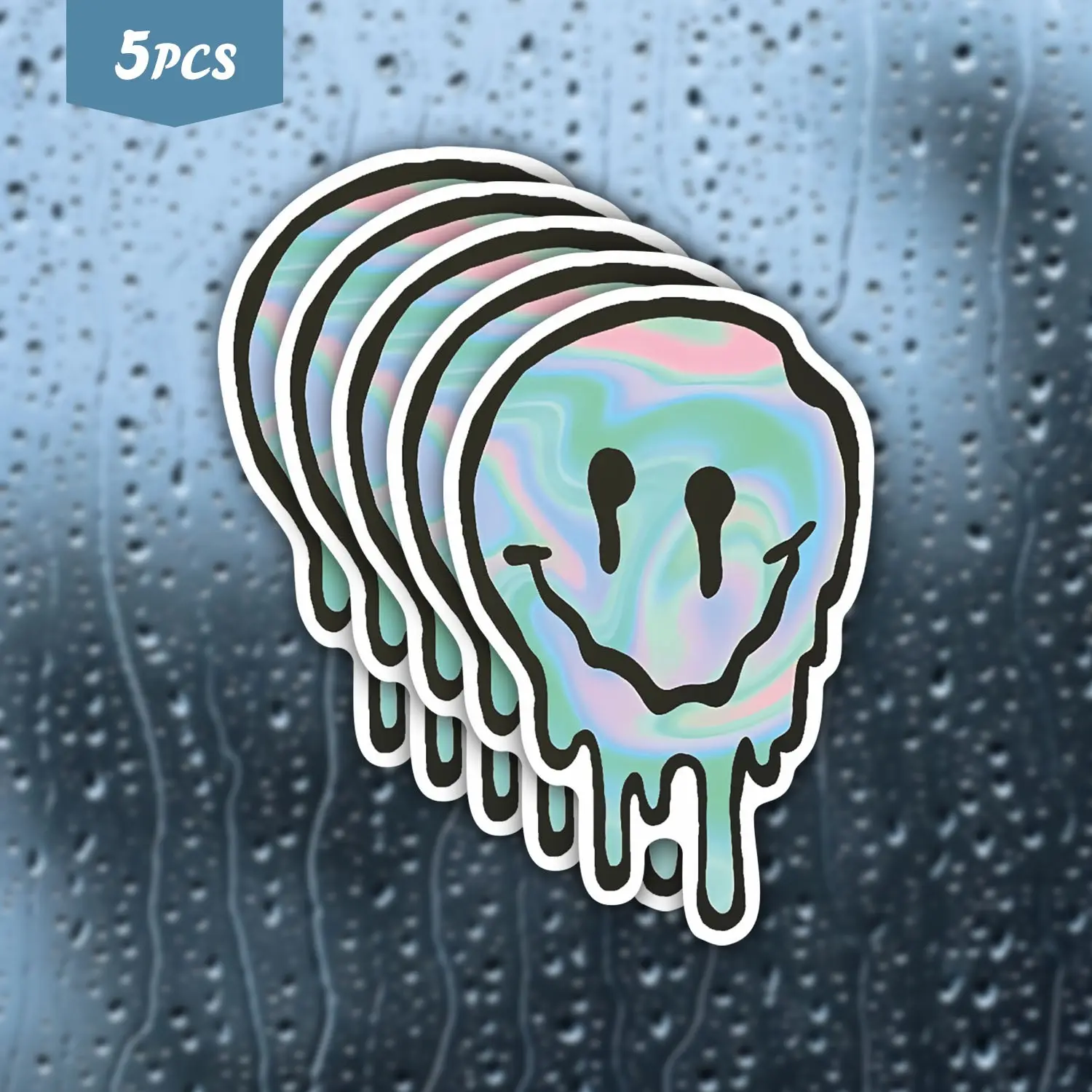 5Pcs Holographic Drippy Smiley Face Waterproof Vinyl Sticker, Trippy Psychedelic Self-Adhesive Decal, Suitable For Laptops, Water Bottles, Skateboards, Ideal For Y2K Aesthetic Lovers, Psychedelic Art Fans And Streetwear Enthusiasts