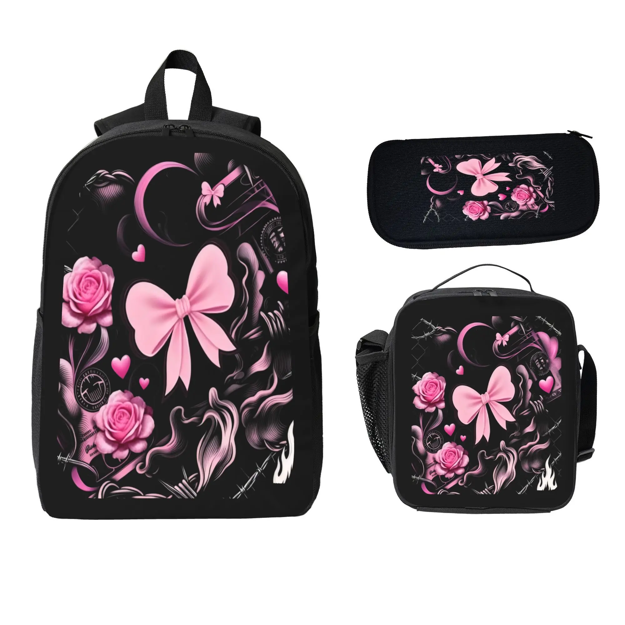 Girls' 3-Piece Gothic Coquette Flowers Backpack Set - Pink Bow Rose, Dark Black-Pink Floral Ribbon Moon Graphic Bookbag, Leak-Proof Zipper-Lined Waterproof Poly Insulated Lunch Bag & Pencil Case for Teens (Alt Aesthetic School/Outing)