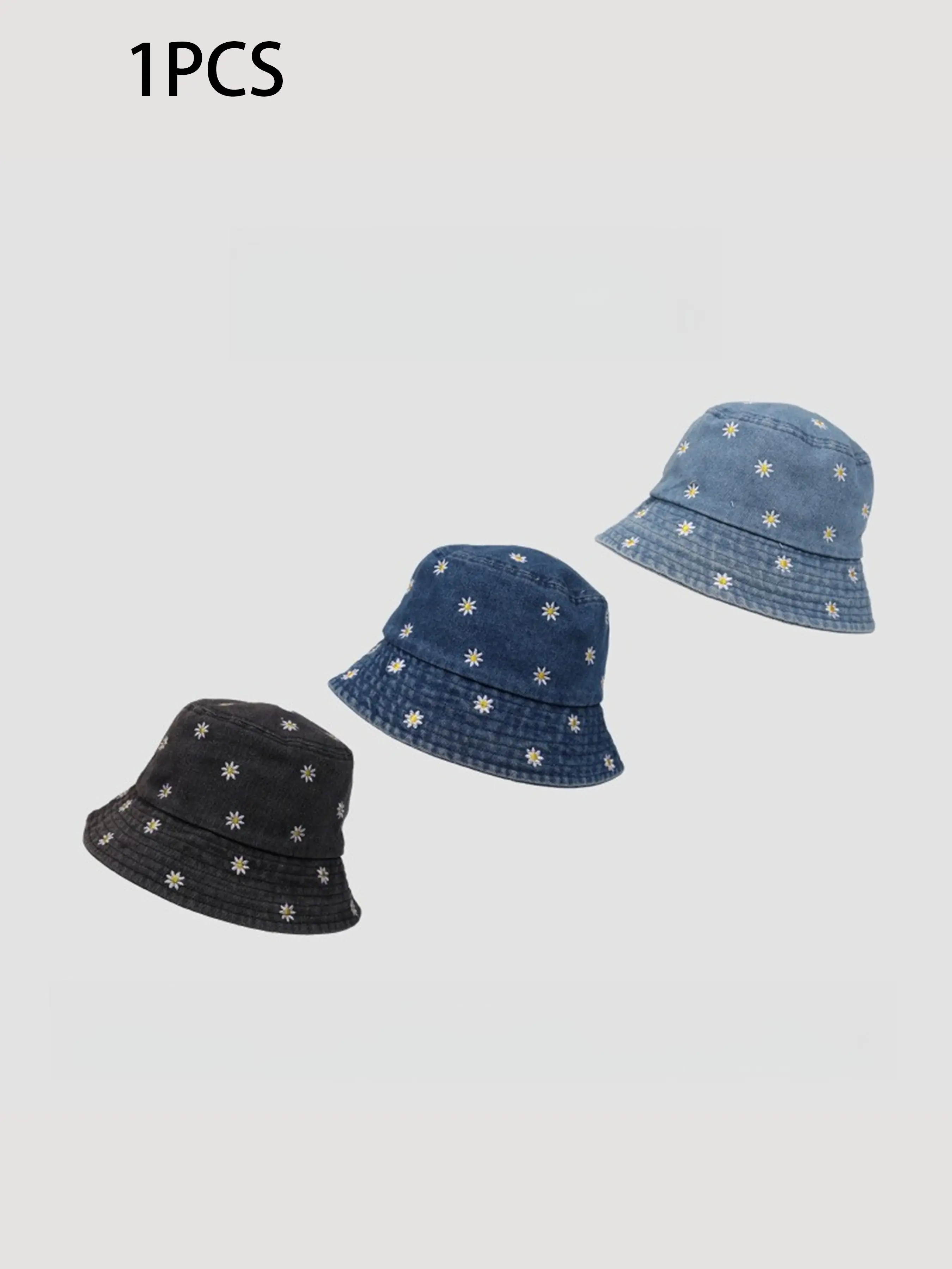 Women's Daisy Embroidered Denim Bucket Hat, Vintage Washed Fisherman Hat, Cute Floral Sun Hat, Summer Beach Fashion, Casual Street Style, Embroidery Hat