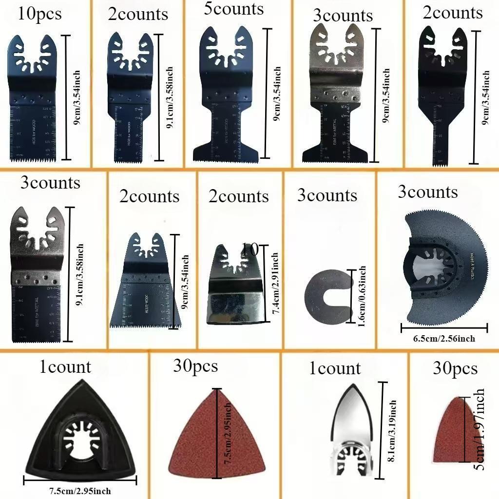 98-piece oscillating saw blade set for wood and metal cutting; multi-tool dual-metal universal saw blade assortment