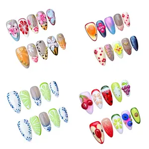 Acrylic Spring Floral Luxury Almond 10Pcs Handmade Press On Nails Multicolor  Nail Supplies 3D Floral Manicure Y2K Cute Reusable for Girls Women Festivals Parties