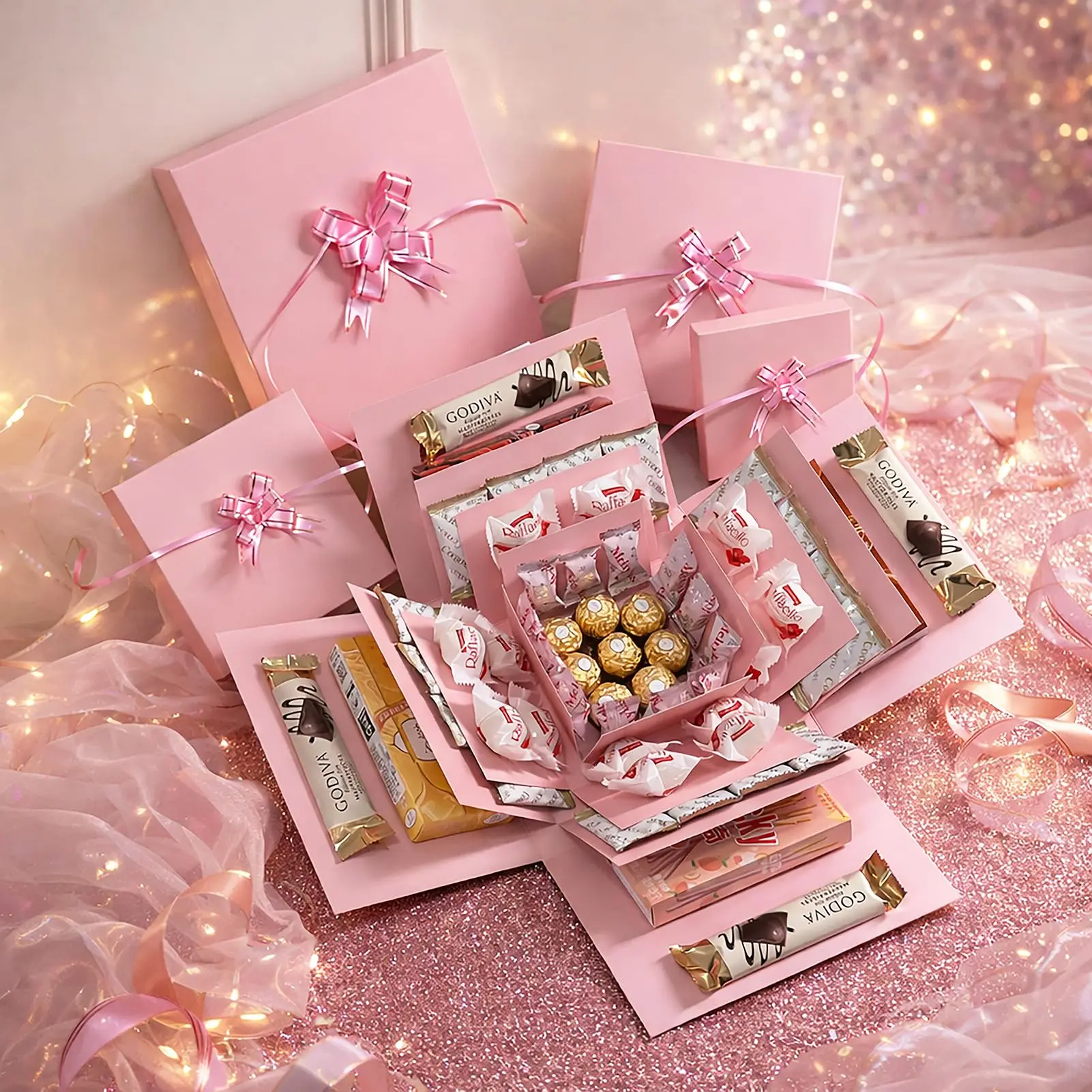 4-Layer Pink Explosion Box - All-in-1 Set Saves Gift Planning, Surprise Layers with Album & Greeting Card, Cute Packaging for Valentine's & Birthdays (Snacks Excluded) Romantic Anniversary Gift Box